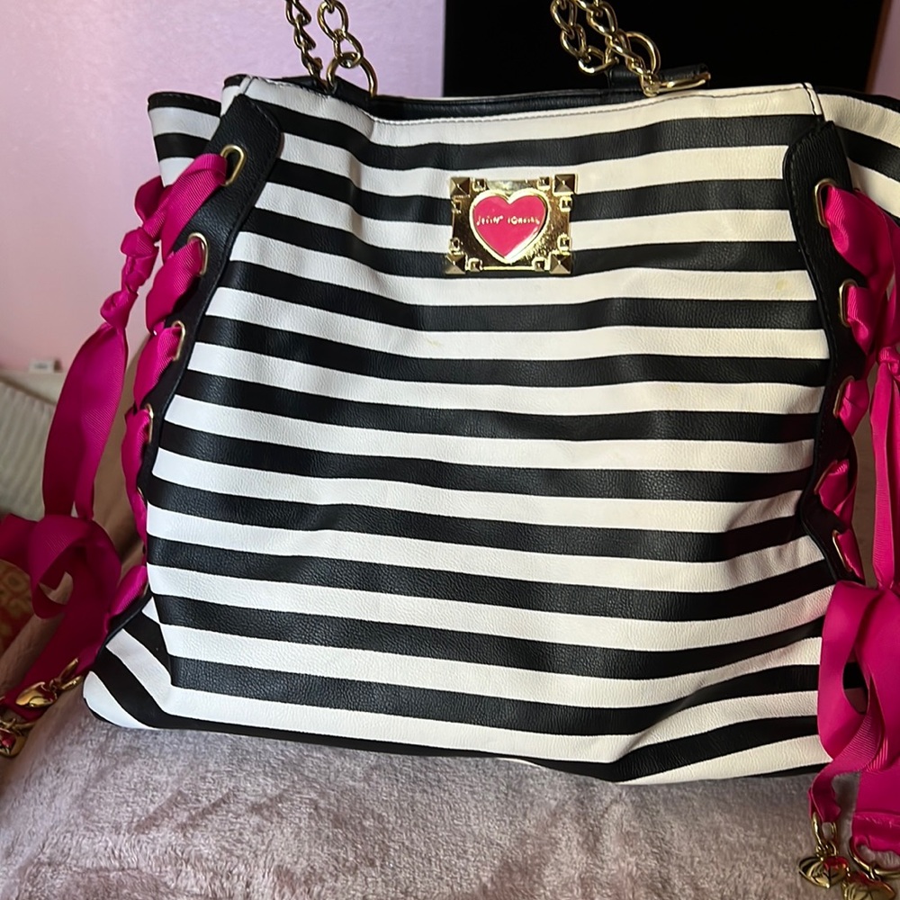 Large Black/White striped Betsey Johnson bag (three light stains)